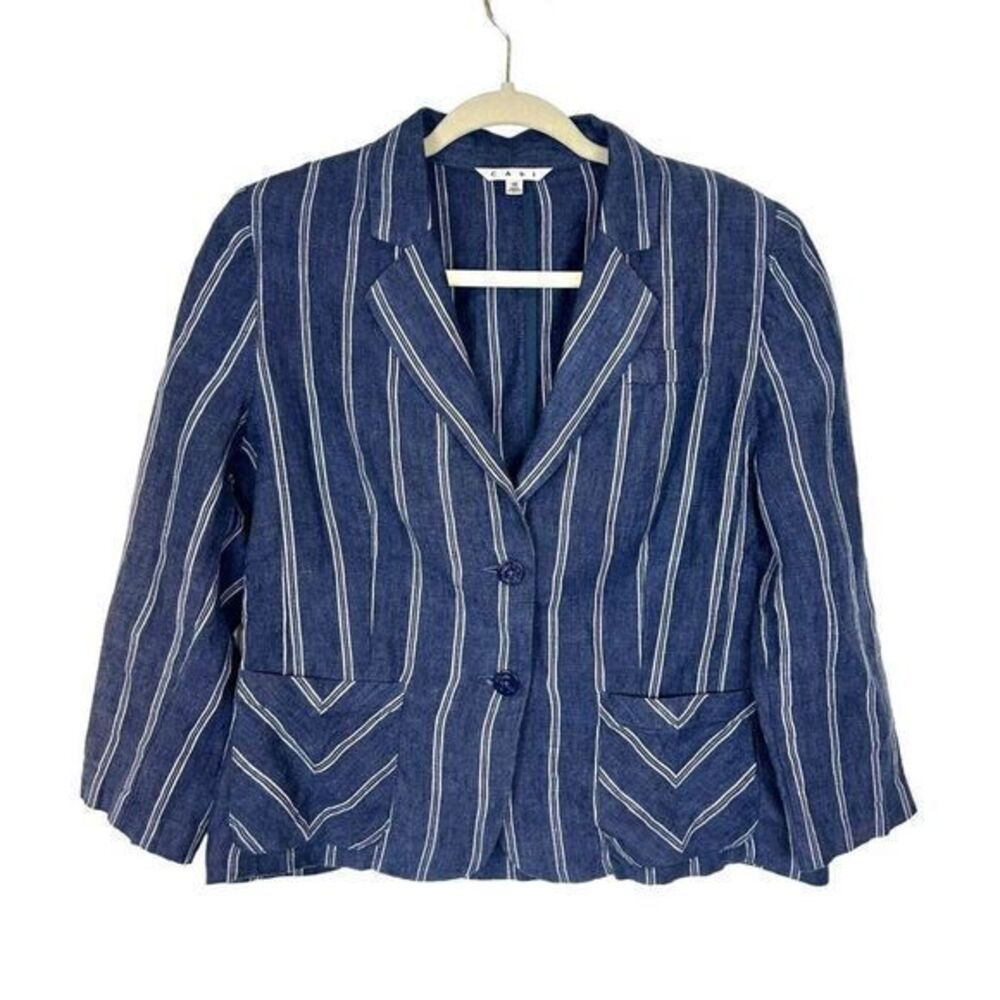 Cabi Blazer Linen Size 10 Blue White Nautical Striped Anchor Button Jacket Women